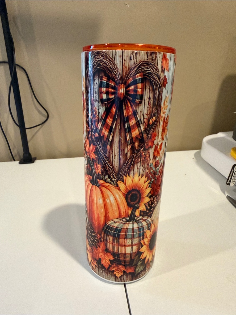 Autumn Plaid Pumpkin Travel Tumbler - Orange Plaid Design